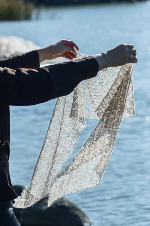 Tranquil – Bias rectangle scarf knitting pattern with simple lace and garter stitch.