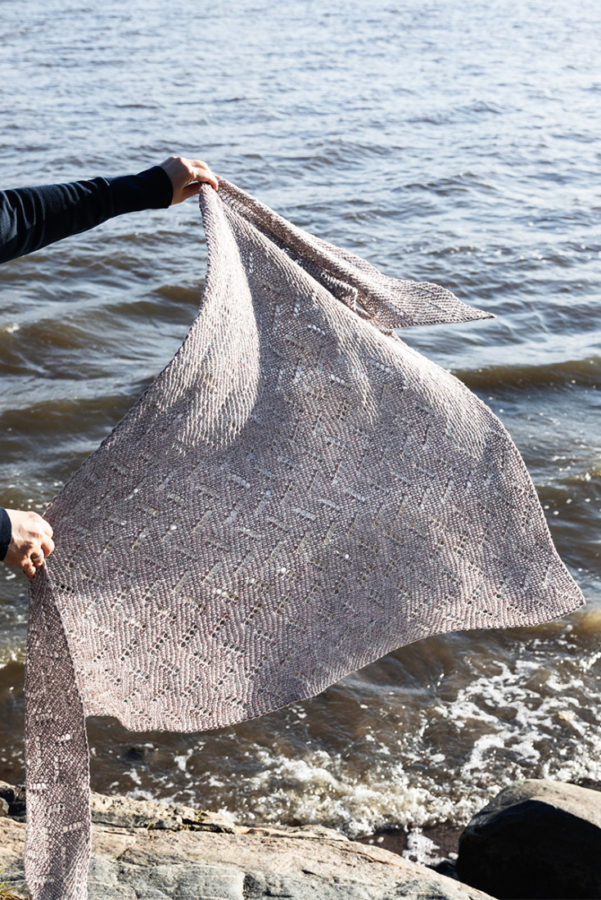 Waterfront shawl knitting pattern with garter stitch and eyelets