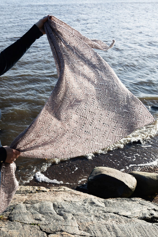 Waterfront shawl knitting pattern with garter stitch and eyelets