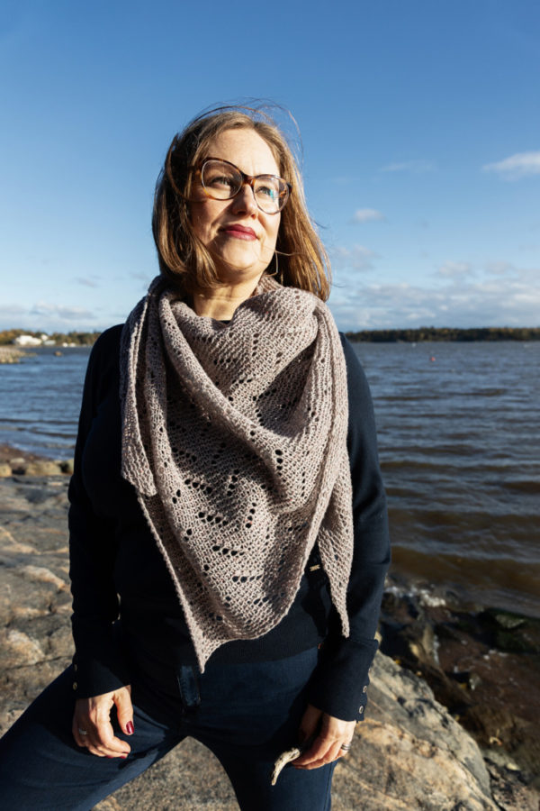 Waterfront shawl knitting pattern with garter stitch and eyelets