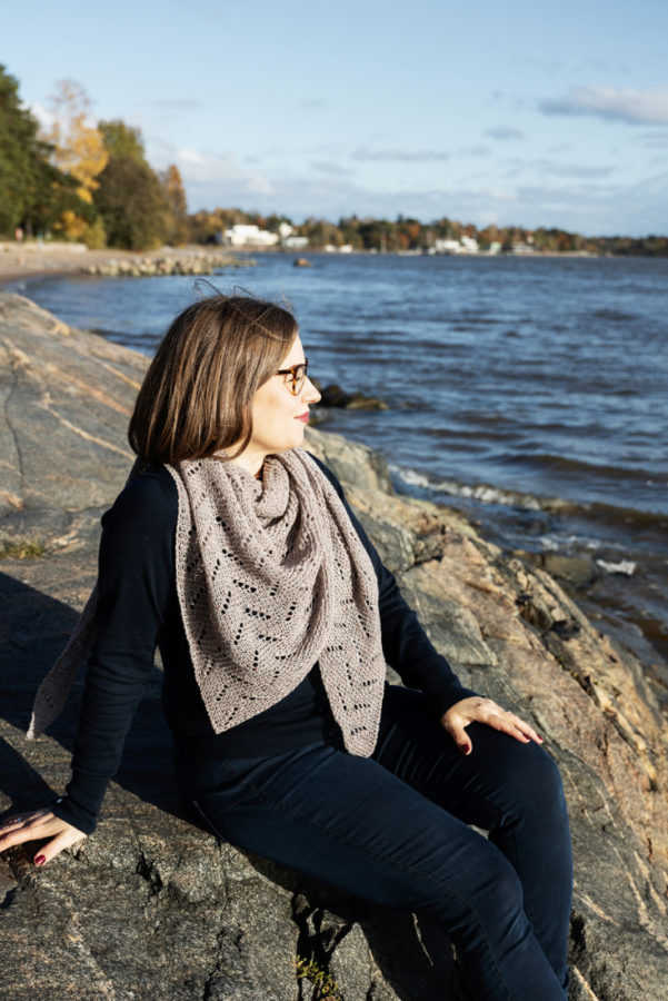 Waterfront shawl knitting pattern with garter stitch and eyelets