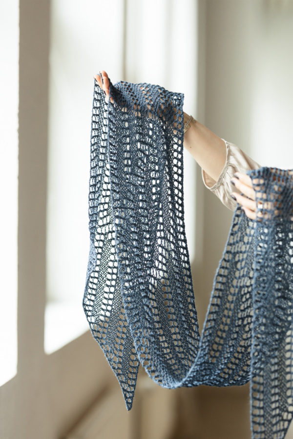 Open Skies – Bias rectangle scarf knitting pattern with garter stitch and simple lace.