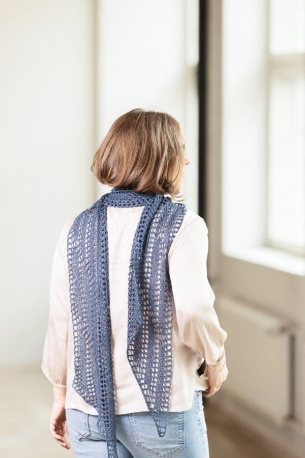 Open Skies – Bias rectangle scarf knitting pattern with garter stitch and simple lace.