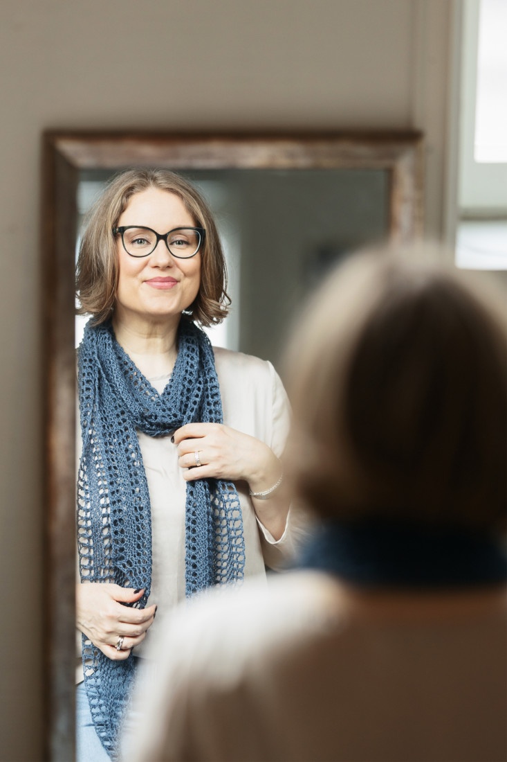 Open Skies – Bias rectangle scarf knitting pattern with garter stitch and simple lace.